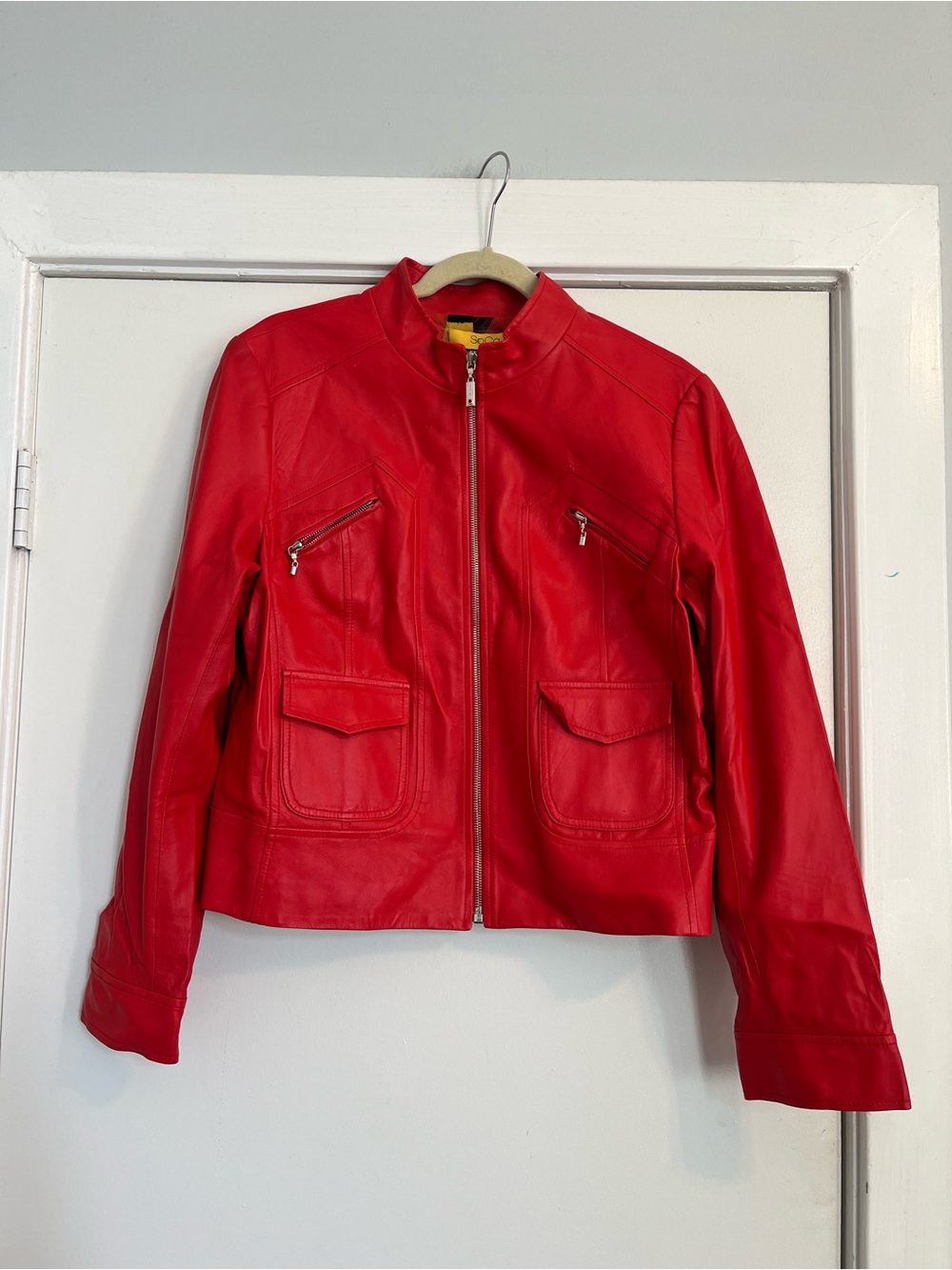 St. John Bright Red Leather Moto Zip Jacket FLAWS women’s large